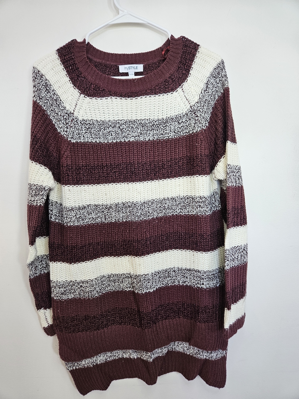 5/35$ mySTYLE Striped Sweater Dress Burgundy Cream Grey Knitted Tunic Large🔥